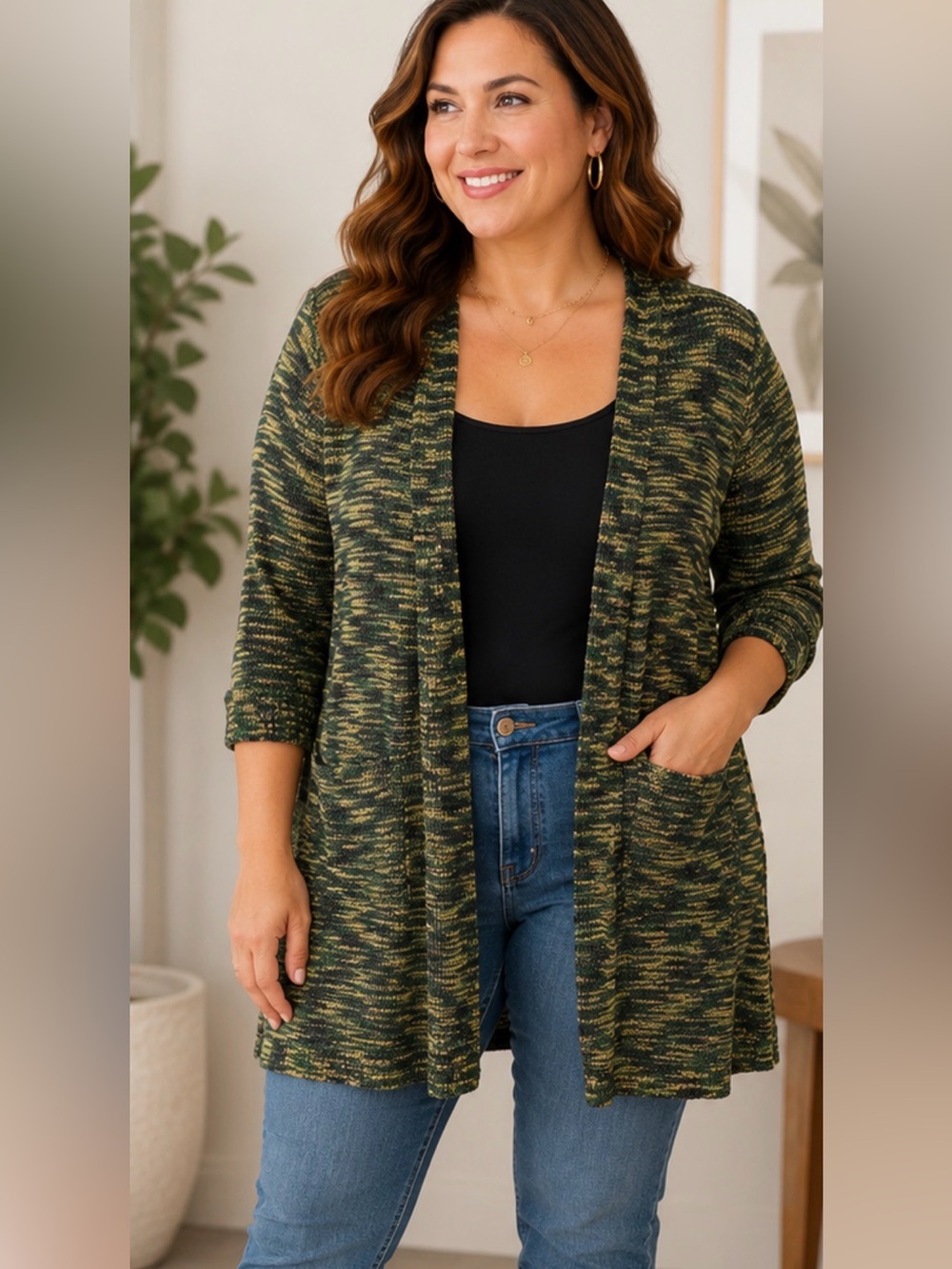 🖤 Outback Red Large Green Marled Open Front Cardigan Sweater